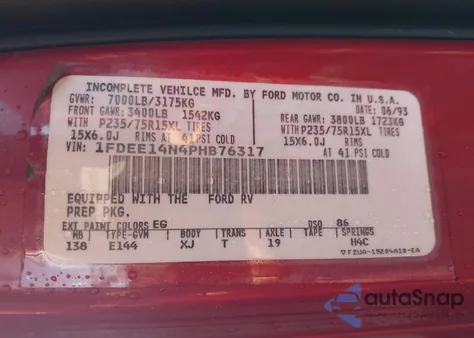 1993 Ford Econoline E150 Van from USA, damaged, VIN 1FDEE14N4PHB76317